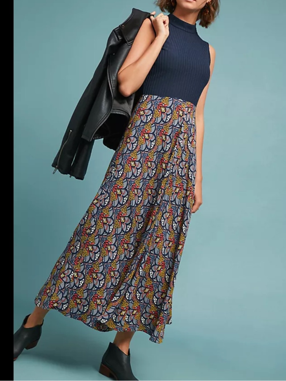 Tiny. Anthropologie Sophie Sweater Dress navy print maxi dress mock neck medium